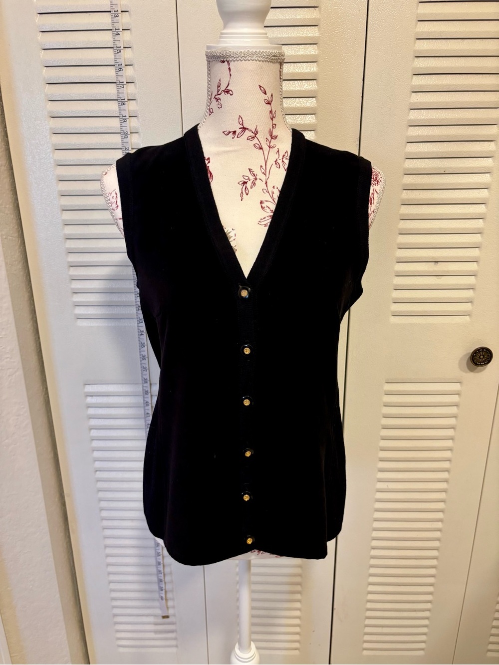 St. John Black Sleeveless V-Neck Button Front Top with Gold Buttons
